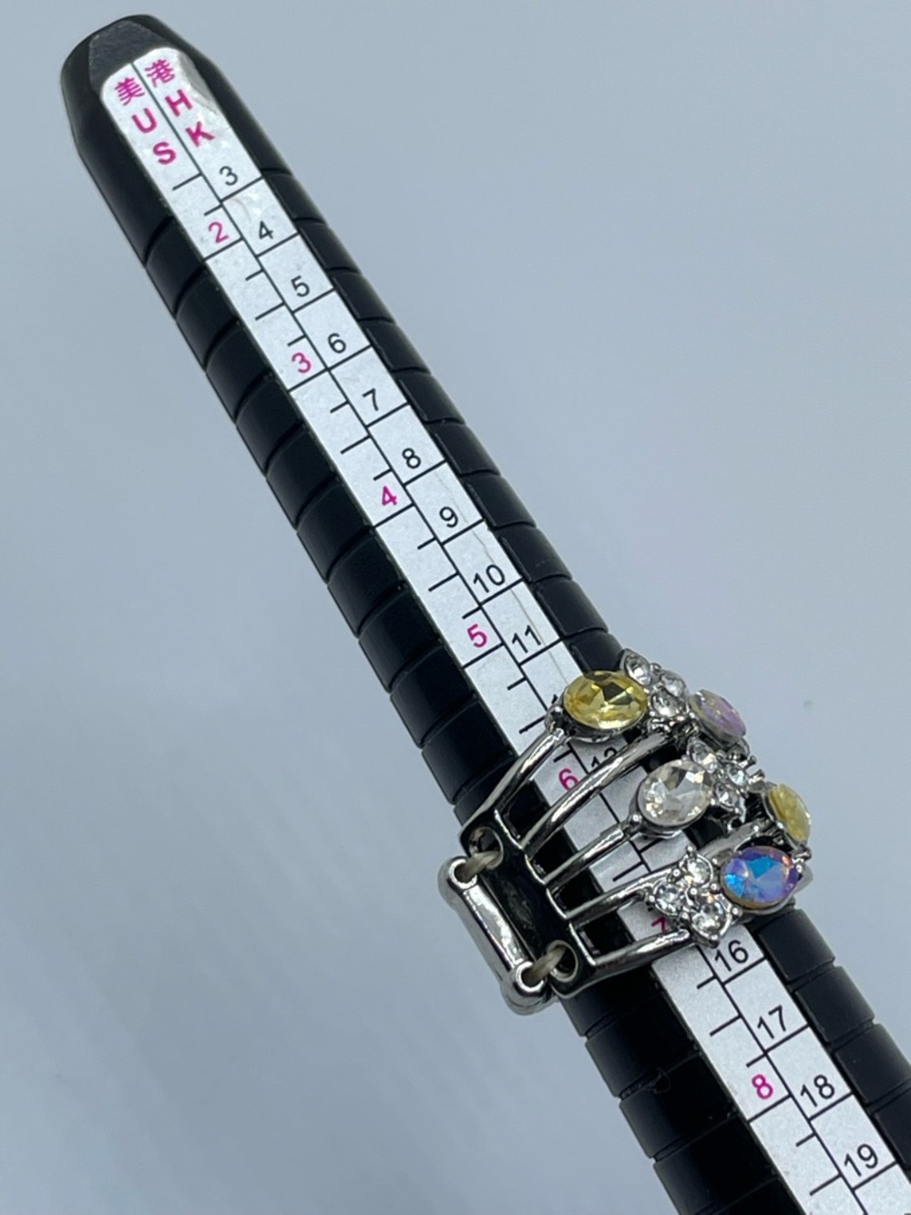 Silver Tone AB Crystal Stretch Ring Multicolor Rhinestone Statement - Picture 5 of 7